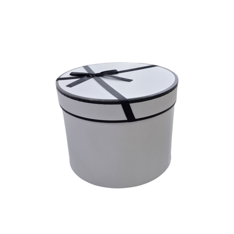 Caja Redonda Blanca Con Borde y Lazo Color Negro - Size S