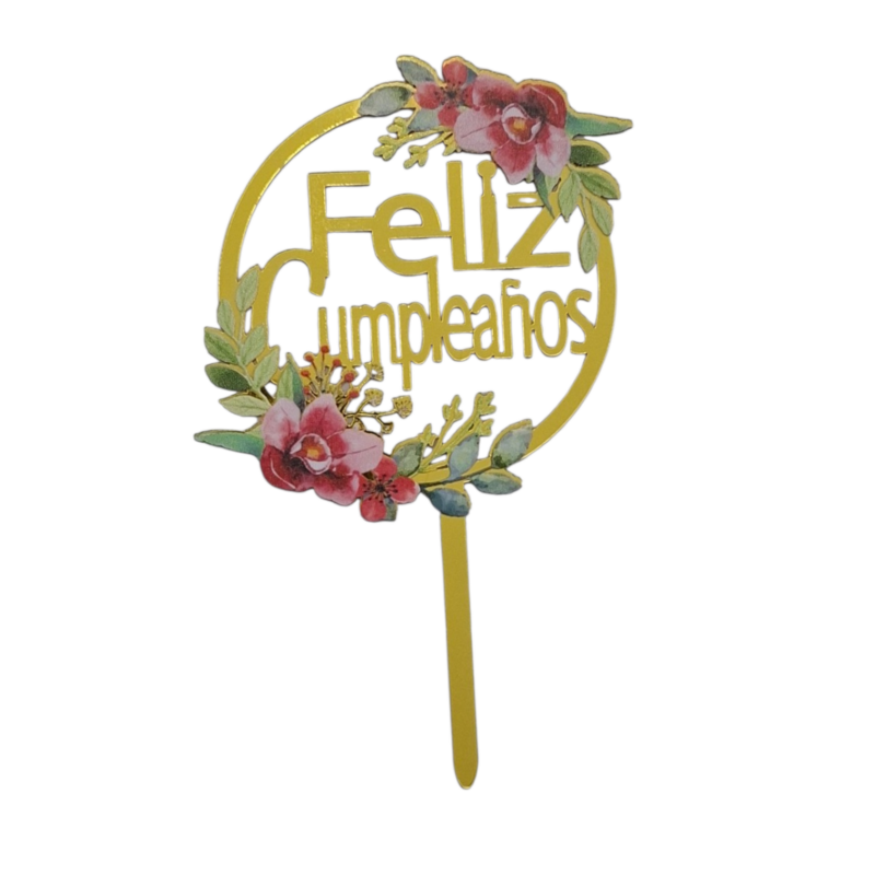 Cake Topper Circulo Acrilico Feliz Cumpleaños Rosas y Hojas