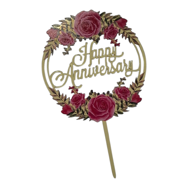Cake Topper circulo acrilico dorado Happy Anniversary Rosas y Hojas