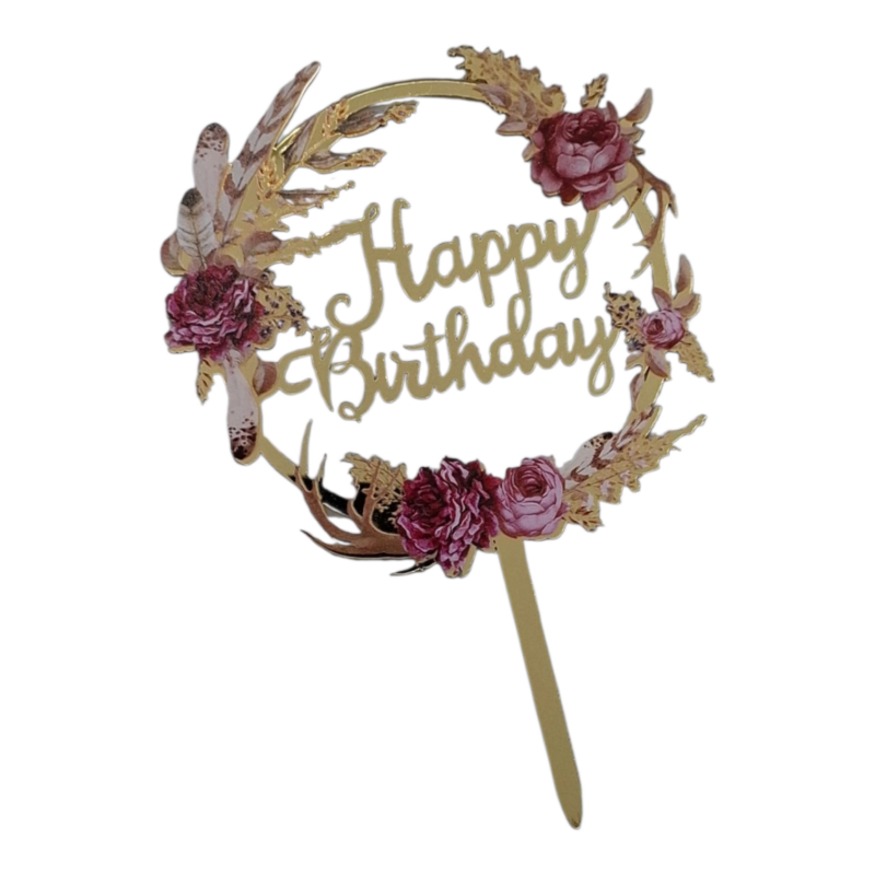 Cake Topper Circulo Acrilico Dorado Happy Birthday Rosas y Hojas