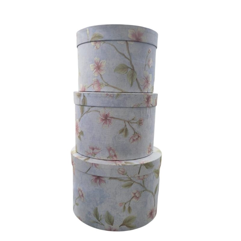 Caja Redonda Tapizada En Papel Decorativo Con Flores y Hojas Doradas