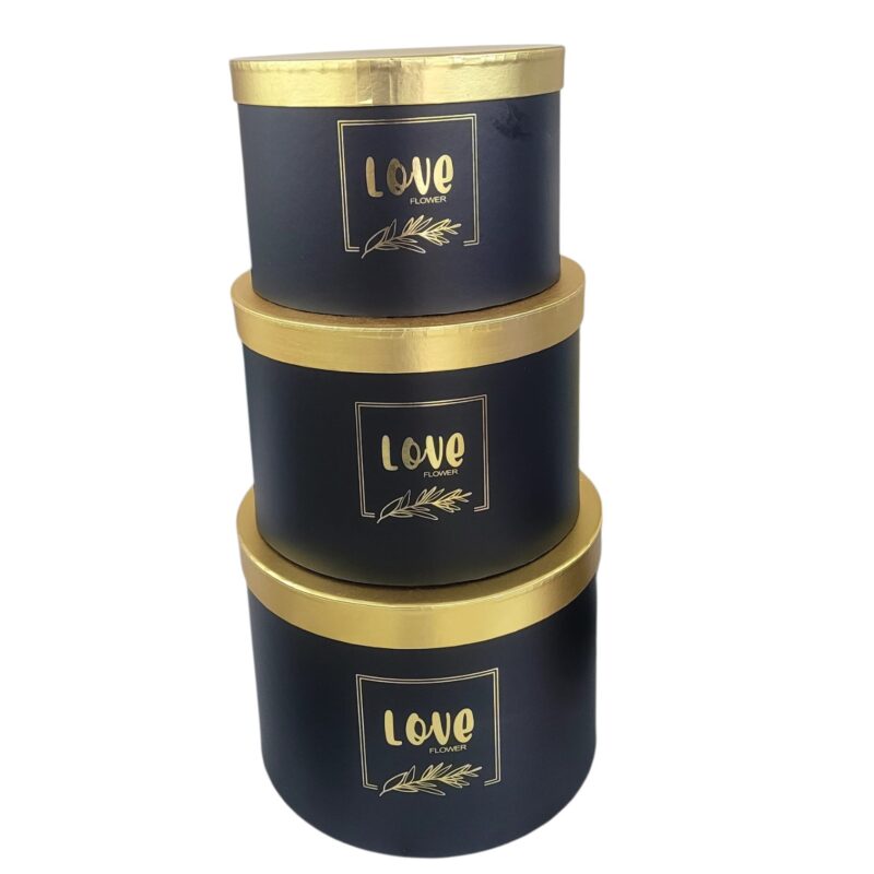 Caja Redonda Negra Con Tapa Dorada Love Flowers